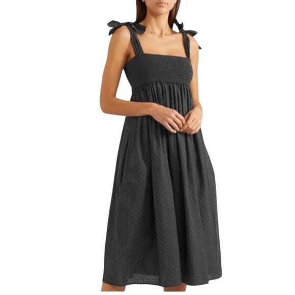 MARYSIA Resort Women’s Sz M Midi Smocked Swiss Dot Black Bow Tie Shoulder Dress - Picture 4 of 12